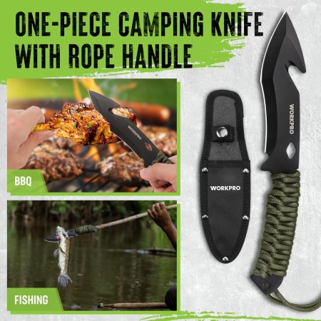 WORKPRO Hacha de camping y machete con funda, hacha de campamento y cuchillos de caza de hoja fija con mango de paracaídas,