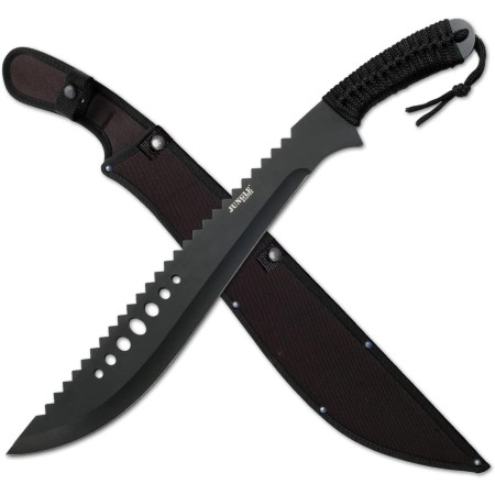 Jungle Master JM-031B Machete, hoja serrada inversa negra, mango envuelto en cordón negro, 21 pulgadas en total.