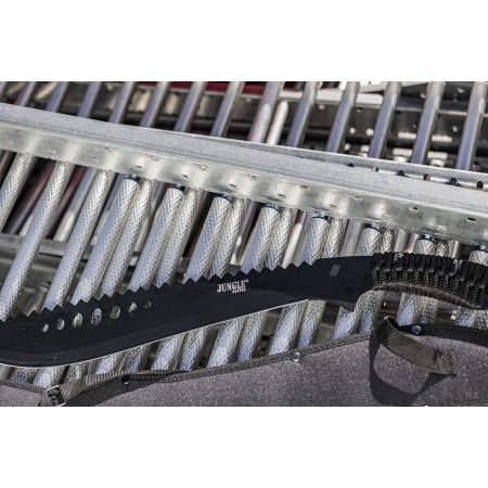 Jungle Master JM-031B Machete, hoja serrada inversa negra, mango envuelto en cordón negro, 21 pulgadas en total.