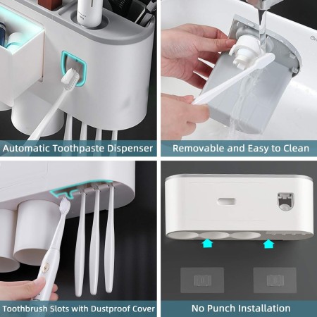 Soporte para cepillos de dientes montado en la pared, kit de exprimidor automático de pasta de dientes, soporte magnético para