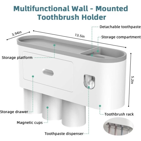 Soporte para cepillos de dientes montado en la pared, kit de exprimidor automático de pasta de dientes, soporte magnético para