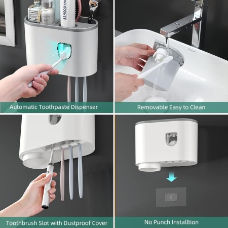 Soporte para cepillos de dientes montado en la pared, kit de exprimidor automático de pasta de dientes, soporte magnético para