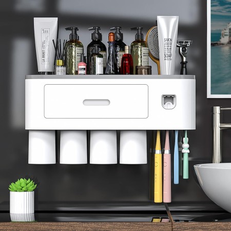 Soporte para cepillos de dientes montado en la pared, kit de exprimidor automático de pasta de dientes, soporte magnético para