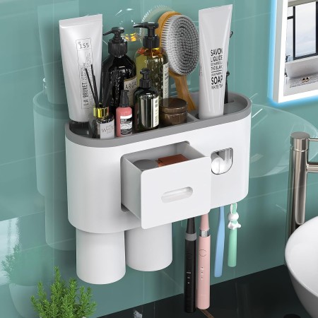 Soporte para cepillos de dientes montado en la pared, kit de exprimidor automático de pasta de dientes, soporte magnético para