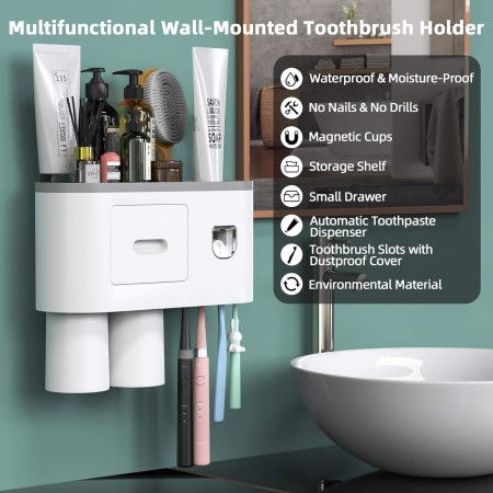 Soporte para cepillos de dientes montado en la pared, kit de exprimidor automático de pasta de dientes, soporte magnético para