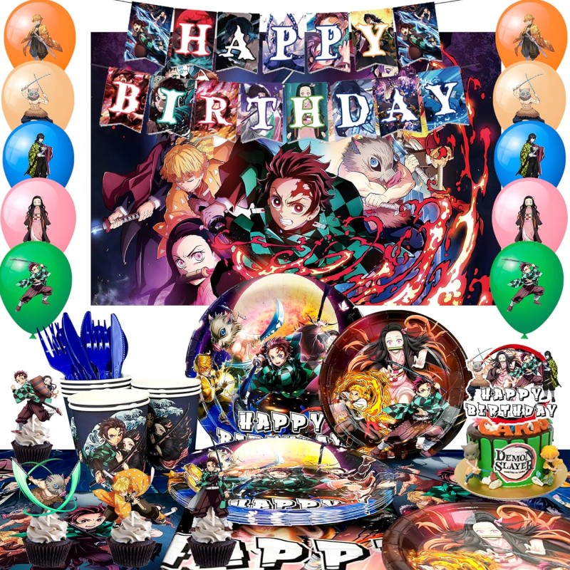 Decoraciones de cumpleaños de Demon Slayer, 112 piezas de decoraciones de fiesta y juego de vajilla de Demon Slayer - Cartel de