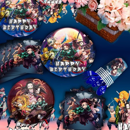 Decoraciones de cumpleaños de Demon Slayer, 112 piezas de decoraciones de fiesta y juego de vajilla de Demon Slayer - Cartel de