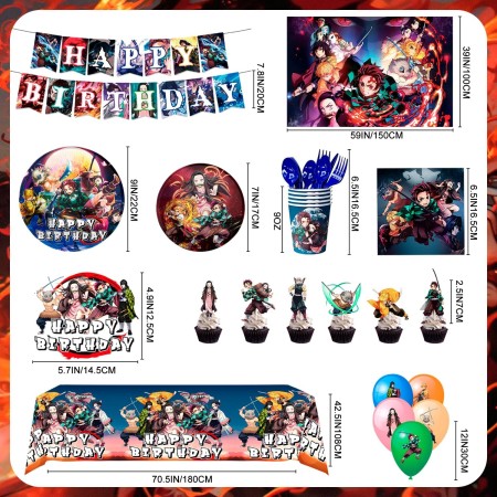 Decoraciones de cumpleaños de Demon Slayer, 112 piezas de decoraciones de fiesta y juego de vajilla de Demon Slayer - Cartel de