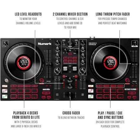 Numark Mixtrack Platinum FX Controlador para DJ, para Serato DJ, con control de 4 cubiertas, mezclador, interfaz de audio