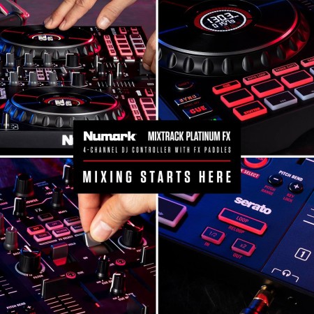 Numark Mixtrack Platinum FX Controlador para DJ, para Serato DJ, con control de 4 cubiertas, mezclador, interfaz de audio