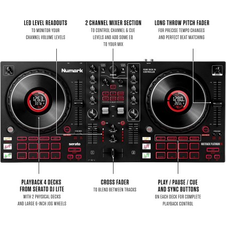 Numark Mixtrack Platinum FX Controlador para DJ, para Serato DJ, con control de 4 cubiertas, mezclador, interfaz de audio