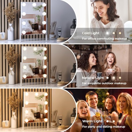 ZL ZELing Espejo de tocador con luces, espejo de maquillaje de mesa con 9 luces LED, control táctil inteligente, 3 colores,