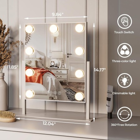 ZL ZELing Espejo de tocador con luces, espejo de maquillaje de mesa con 9 luces LED, control táctil inteligente, 3 colores,