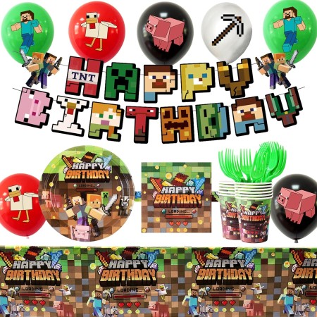 Pixel - Kit de decoración de fiesta de cumpleaños para niños y niños, pancartas de juego de píxeles, servilletas, tazas, mantel,