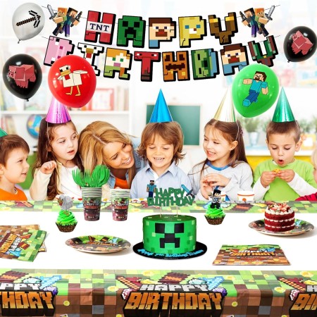 Pixel - Kit de decoración de fiesta de cumpleaños para niños y niños, pancartas de juego de píxeles, servilletas, tazas, mantel,