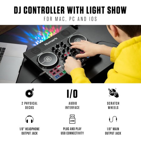 Numark Party Mix II - Controlador de DJ con luces de fiesta, set de DJ con 2 cubiertas, mezclador de DJ, interfaz de audio y