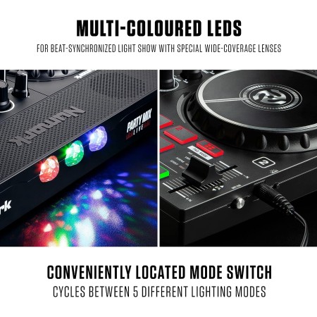 Numark Party Mix II - Controlador de DJ con luces de fiesta, set de DJ con 2 cubiertas, mezclador de DJ, interfaz de audio y