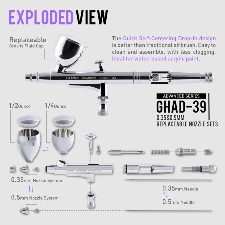 Gaahleri Kit de aerógrafo, pistola de aerógrafo de doble acción gravedad de 1/2 y 1/4 oz taza de líquido, aguja de 0.35 y 0.020