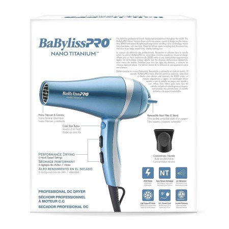 BaBylissPRO Nano Titanium Secadora de Pelo de 2000 vatios, 1 unidad.