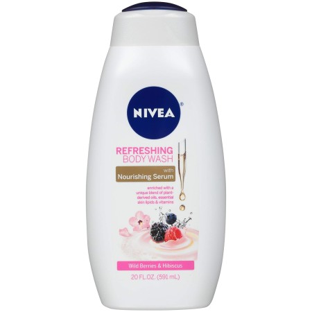 NIVEA Gel de baño refrescante de bayas silvestres e hibisco con suero nutritivo, botella de 20 onzas líquidas