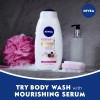 NIVEA Gel de baño refrescante de bayas silvestres e hibisco con suero nutritivo, botella de 20 onzas líquidas