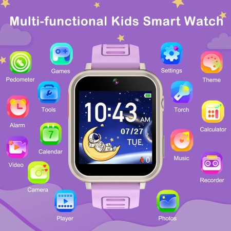 Phyulls Reloj inteligente para niños, reloj inteligente con 24 juegos, cámara, grabadora de video, calculadora de alarma