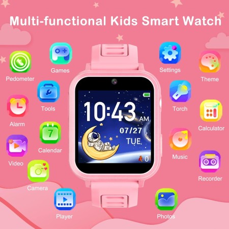 Phyulls Reloj inteligente para niños, reloj inteligente con 24 juegos, cámara, grabadora de video, calculadora de alarma