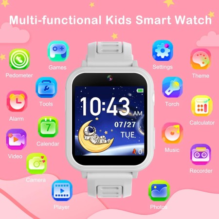 Phyulls Reloj inteligente para niños, reloj inteligente con 24 juegos, cámara, grabadora de video, calculadora de alarma