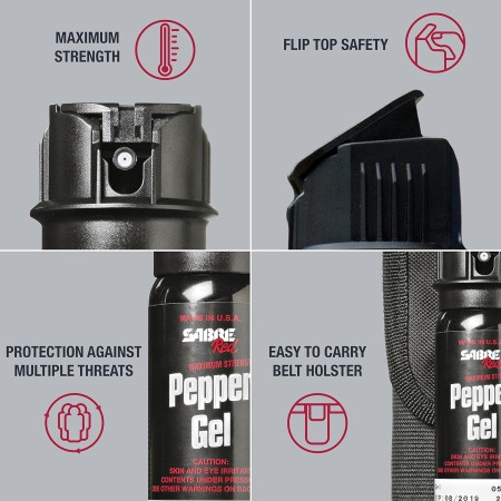 Sabre Tactical Pepper Gel con funda para cinturón para fácil transporte, spray OC de máxima fuerza policial, seguridad abatible
