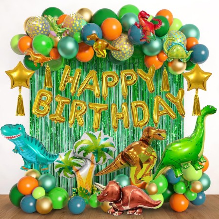 Suministros de decoración de fiesta de cumpleaños de dinosaurios, 125 piezas de globos de dinosaurio, verde, naranja, azul, kit