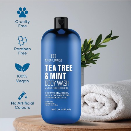 Botanic Hearth Gel de baño con aceite de árbol de té con menta, sin parabenos, ayuda a combatir el olor corporal, el pie de