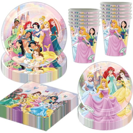 60 piezas de suministros de fiesta de cumpleaños de princesa, platos de papel, tazas para niñas y niños, decoración de mesa para