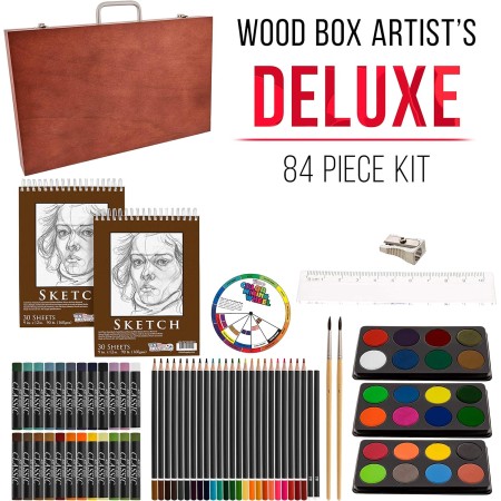 U.S. Art Supply - Caja de madera de 84 piezas de lujo para estudio de artistas, pintura artística, dibujo, 2 almohadillas de