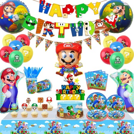 Suministros para fiesta de cumpleaños de Super Mario, paquete todo en uno, suministros de fiesta de Mario incluidos globos de