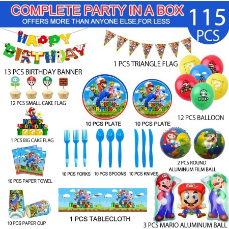Suministros para fiesta de cumpleaños de Super Mario, paquete todo en uno, suministros de fiesta de Mario incluidos globos de