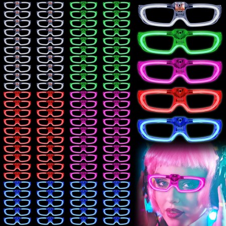 Dunzy Paquete de 100 lentes de luz LED de 5 colores, gafas de neón que brillan en la oscuridad, gafas de sol intermitentes para