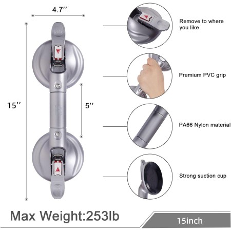 HEINSY Barra de agarre de succión, barra de succión portátil para ducha, mango de succión para bañera con ajuste de ventosa de