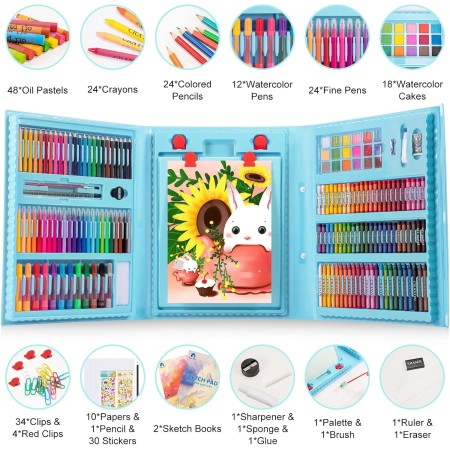Suministros de arte, kit de arte de dibujo de 240 piezas, estuche de arte de regalo con caballete triple de doble cara, incluye