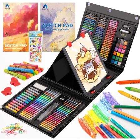 Suministros de arte, kit de arte de dibujo de 240 piezas, estuche de arte de regalo con caballete triple de doble cara, incluye