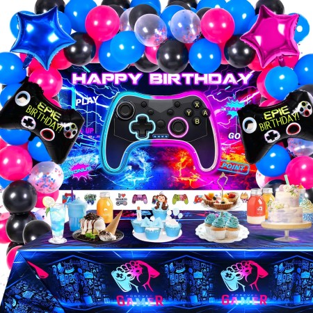 MOMOHOO Suministros de decoración de fiesta de cumpleaños de videojuegos, 151 piezas de decoraciones de cumpleaños para niños,