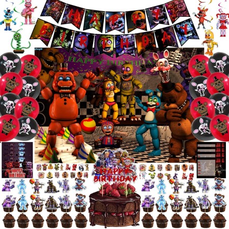 Kikuke fnaf Birthday Party Supplies, 117 Pcs Halloween Party Decorations Includes Backdrop, Cake Topper, Invitation Cards, Happy