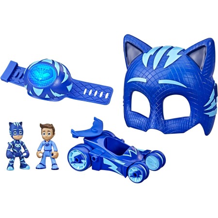 PJ Masks - Power Pack Set de juguetes de Catboy para preescolar, con 2 figuras de acción, vehículo, pulsera y máscara de disfraz