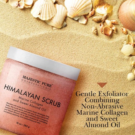 Majestic Pure Sal exfoliante corporal del Himalaya con colágeno y aceite dulce de almendras, sal para exfoliar e hidratar la