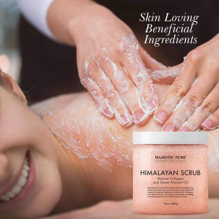 Majestic Pure Sal exfoliante corporal del Himalaya con colágeno y aceite dulce de almendras, sal para exfoliar e hidratar la