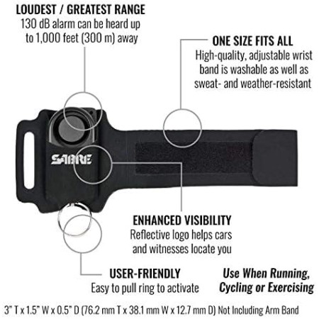 SABRE Alarma personal para correr – 130dB (rango de 1000 pies/300 m) con correa para muñeca ajustable/reflexiva/resistente a la