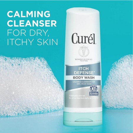 Curel Itch Defense Gel de baño calmante fórmula suave sin jabón, para piel seca y con picazón, con jojoba hidratante y aceite de