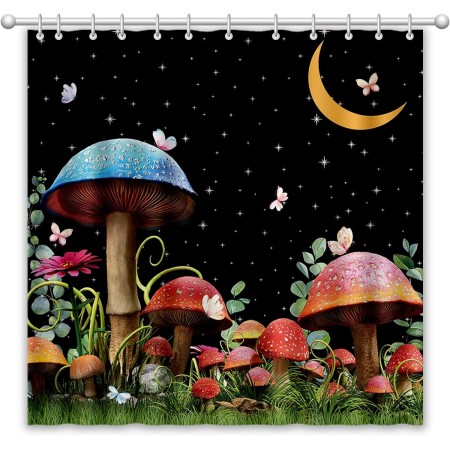 APROPHIC Cortina de ducha con diseño de hongos, estilo bohemio, luna, estrellas, mariposa, vintage, lindas, flores, cortina de