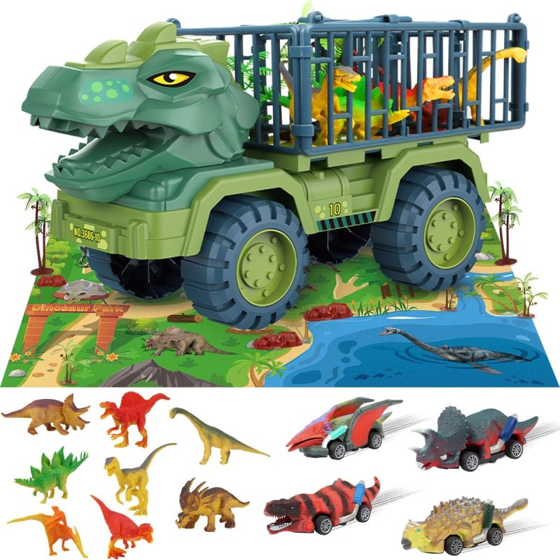 Camión de dinosaurio de juguete para niños de 3 a 5 años, juego de autos de transporte de tiranosaurio DUPHLAGT con autos de