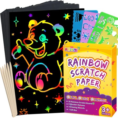 pigipigi Juguete para niños de 3 a 12 años: Kit de arte de papel para rascar arco iris, juego de arte de 5 colores de fondo,