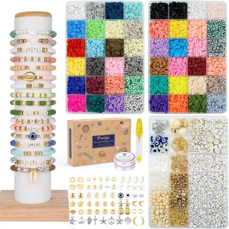 Paodey Kit de fabricación de pulseras, 10,000 cuentas de arcilla polimérica, 48 colores, cuentas redondas planas, kit de
